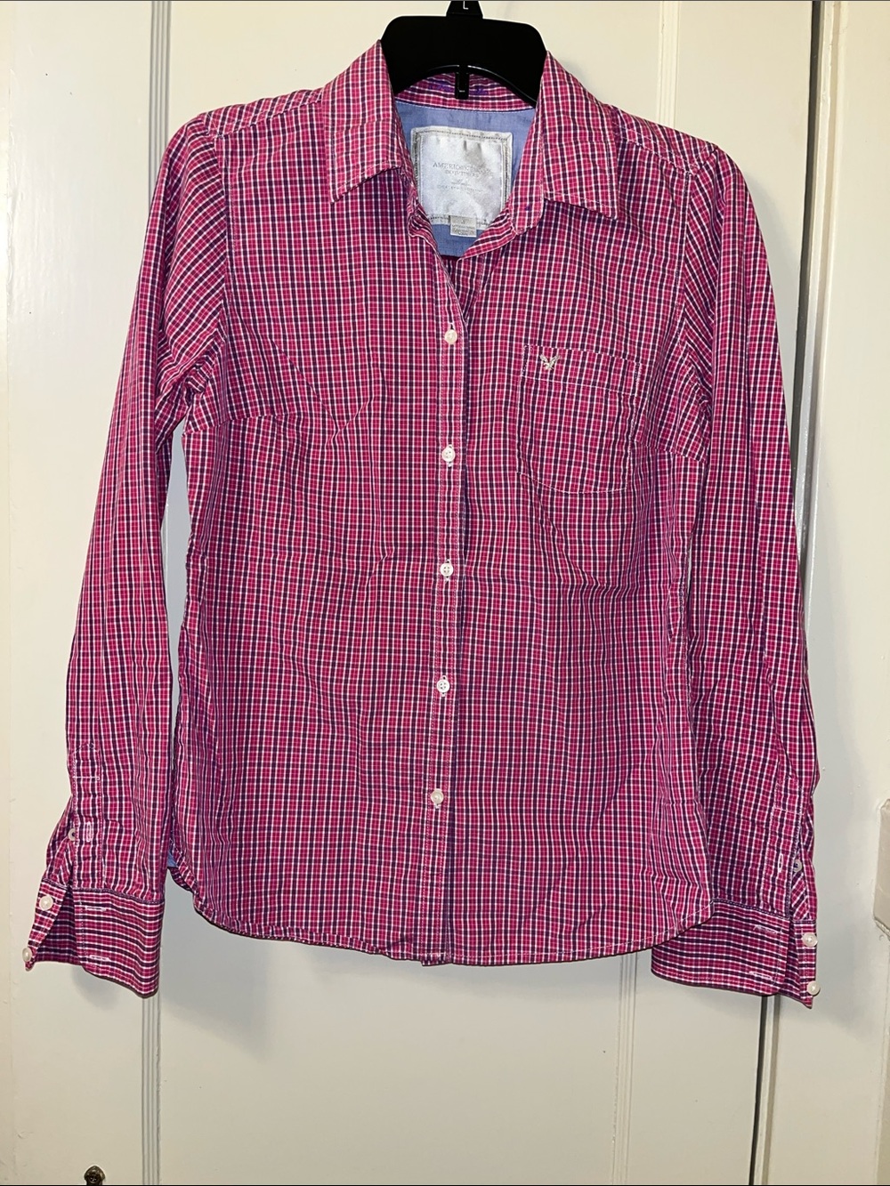 American Eagle Outfitters Pink, Purple and White Plaid Button-Down Shirt